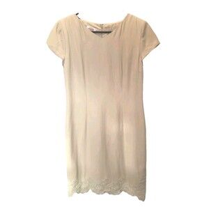 Vtg Talbots Silk Linen Blend Lt Green Sheath Dress Embroidered Hem Lined Sz 14